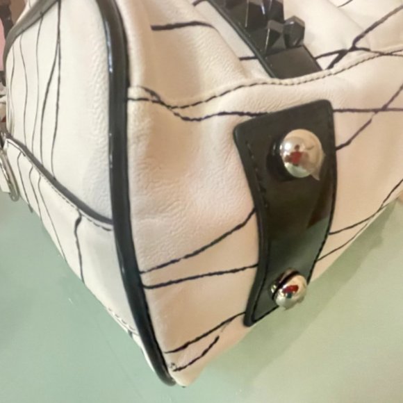 L.A.M.B. White Leather With Black Stripes & Black Studded Top Handle Satchel - Picture 7 of 12
